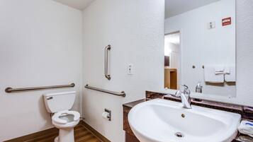 Een badkamer met een wit toilet, een wastafel met spiegel en handgrepen.