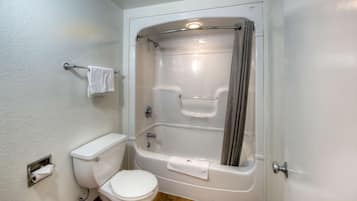 A bathroom with a toilet, a bathtub, and a shower.