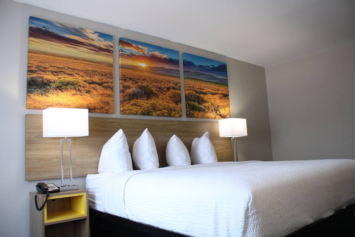 Une chambre d’hôtel avec un grand lit, deux lampes de chevet, une tête de lit en bois et trois tableaux représentant des paysages accrochés au mur.