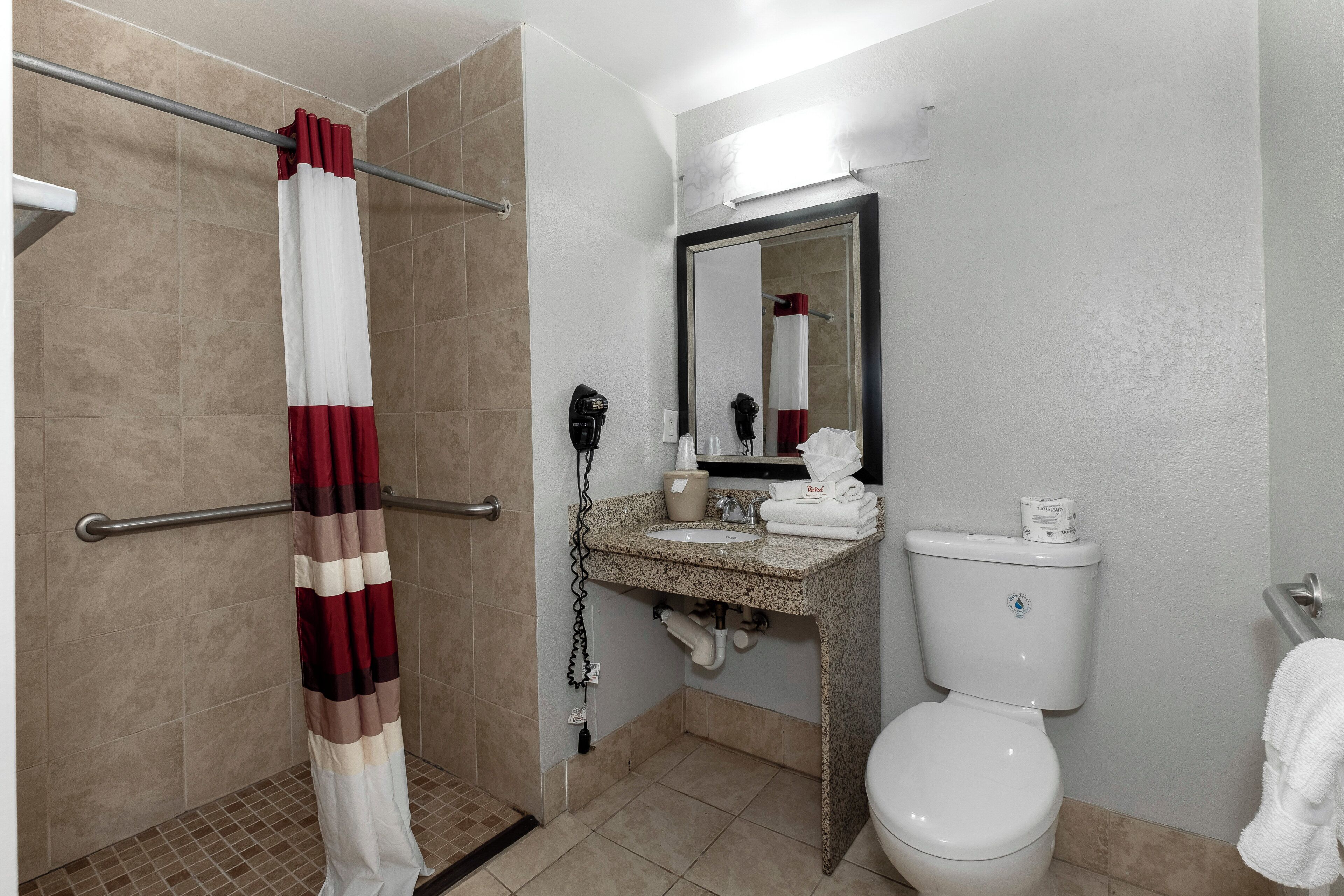 A bathroom with a shower, a sink, a toilet, and a mirror.