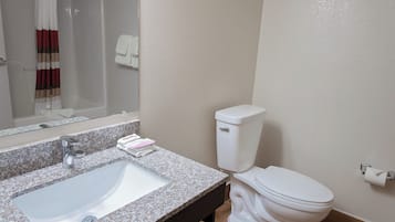 Une salle de bain équipée d’un lavabo, d’un miroir, de toilettes et d’un espace douche.
