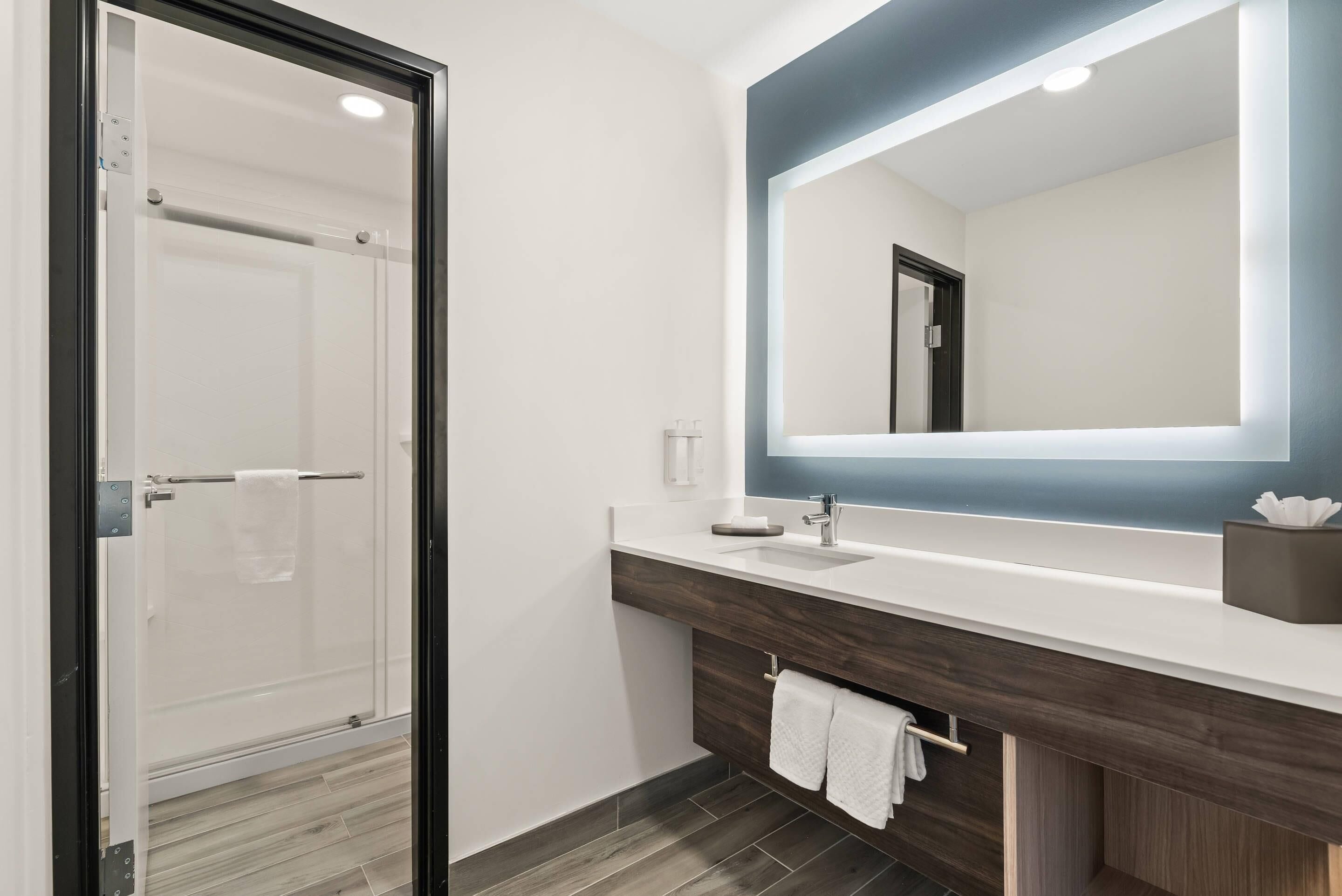 A modern bathroom with a glass shower door, a large mirror, and a white sink with a dark wood vanity.