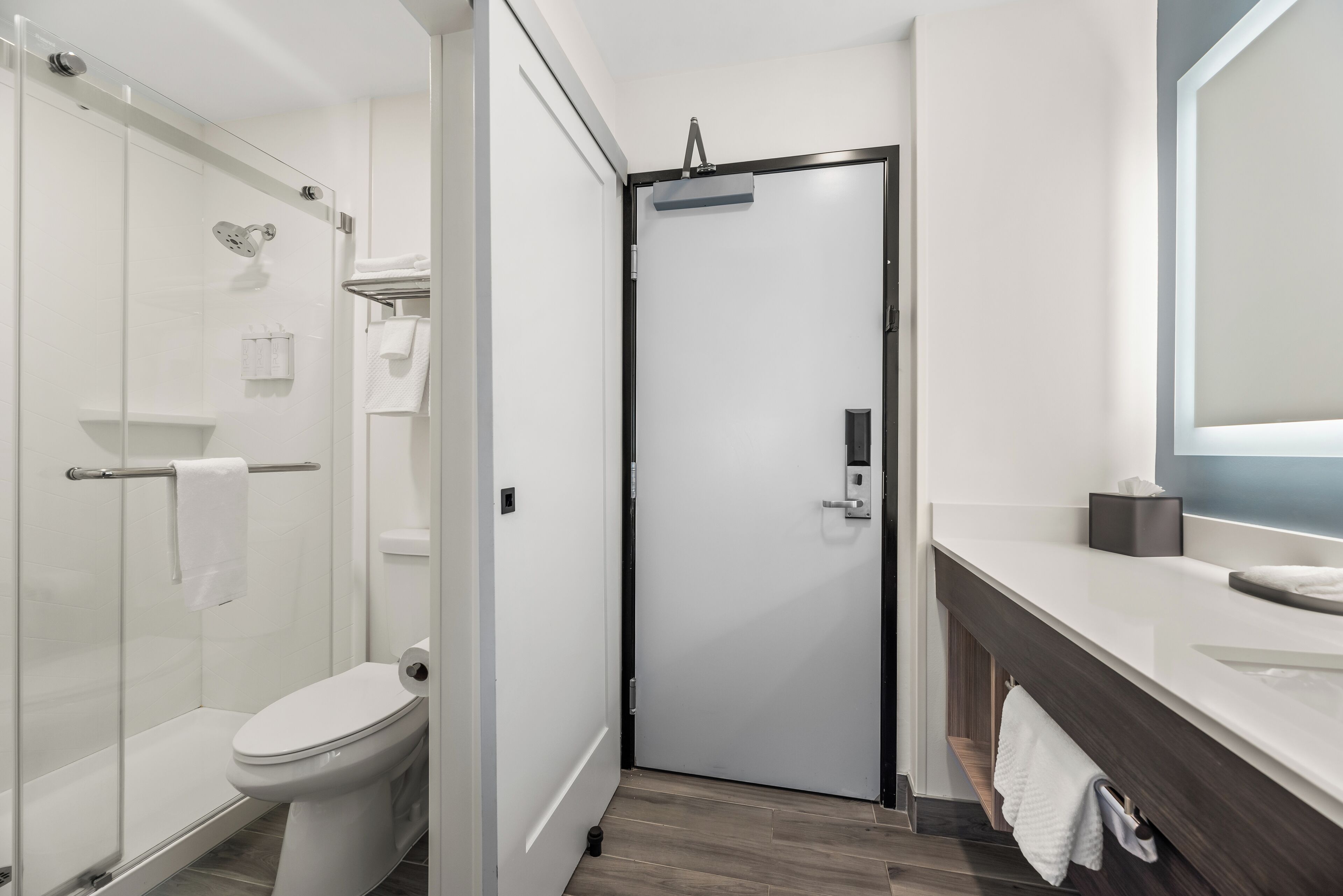 A modern bathroom with a glass shower, a toilet, and a vanity with a mirror.