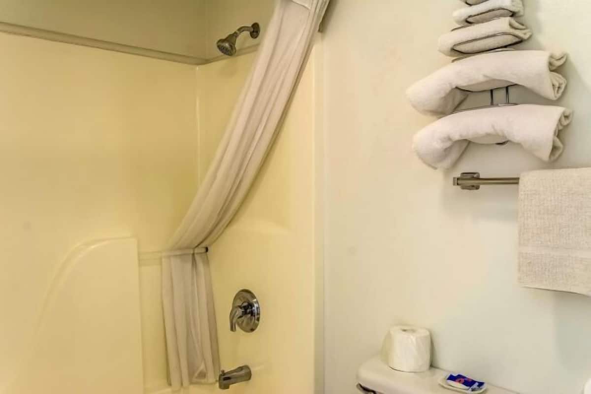 Combined shower/tub, towels, soap, toilet paper