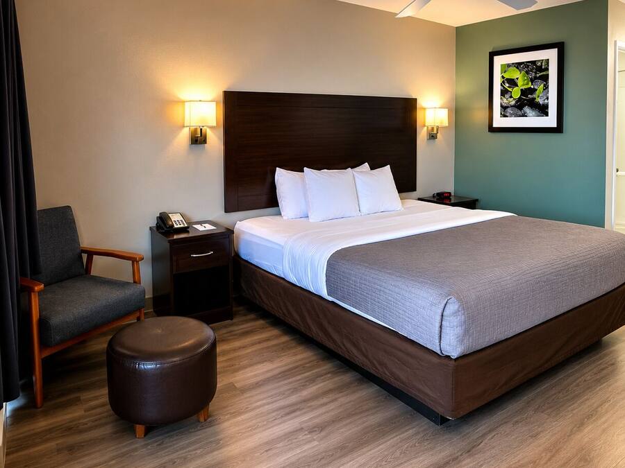 Habitación de hotel con cama, una silla, mesita de noche, teléfono, ventilador de techo y un cuadro en la pared.