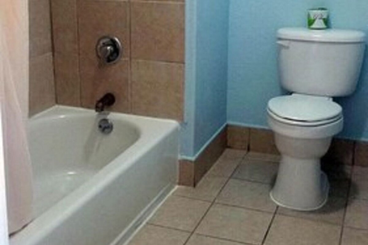 A bathroom with a bathtub, toilet, and shower area.
