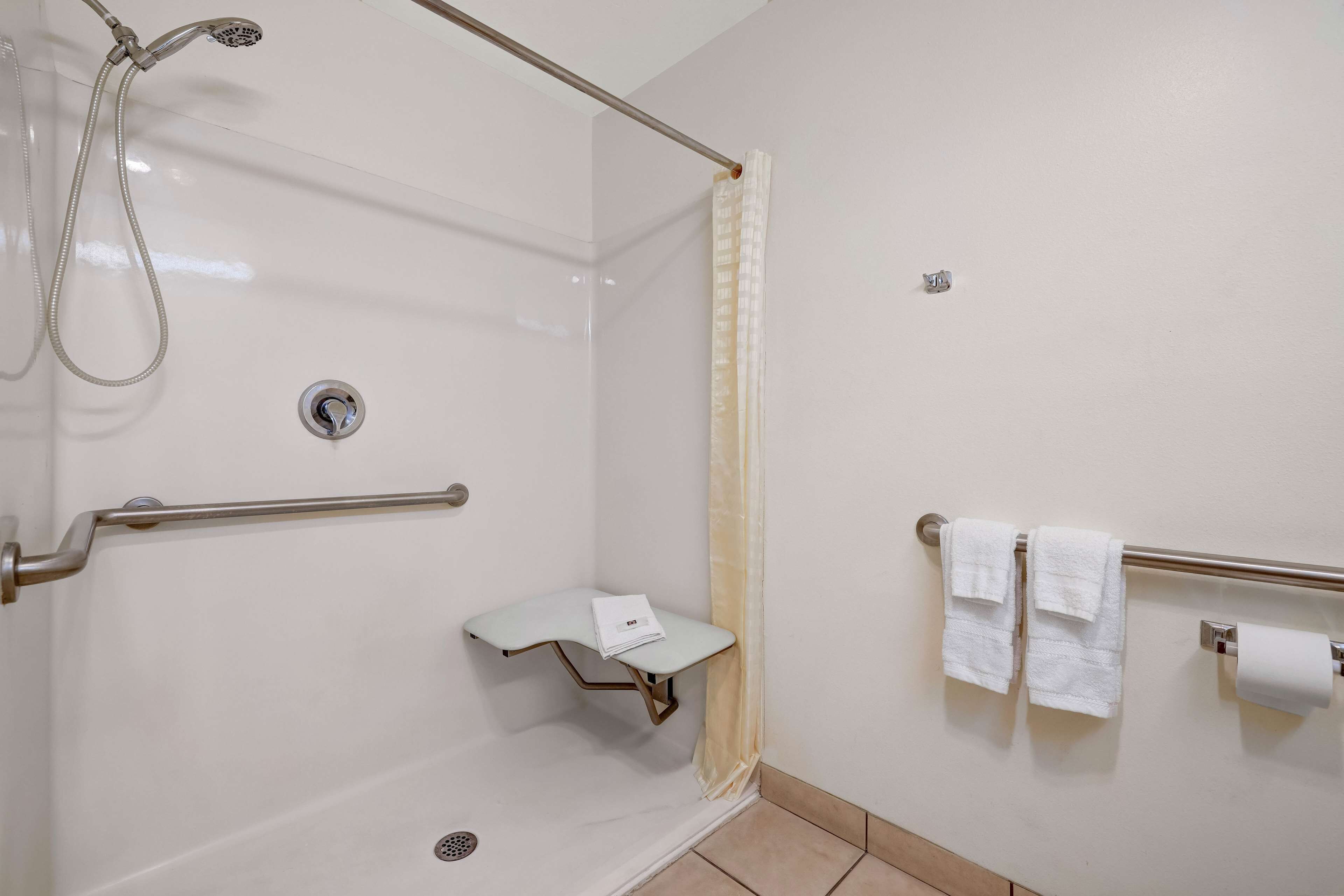 Ein Duschbereich mit Handbrause, einer Haltestange, einer kleinen Ablage mit Handtuch und einem Toilettenpapierhalter.