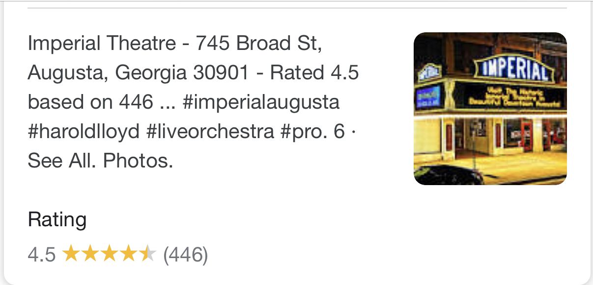A theater with a marquee reading "IMPERIAL" and a rating of 4.5 stars based on 446 reviews.