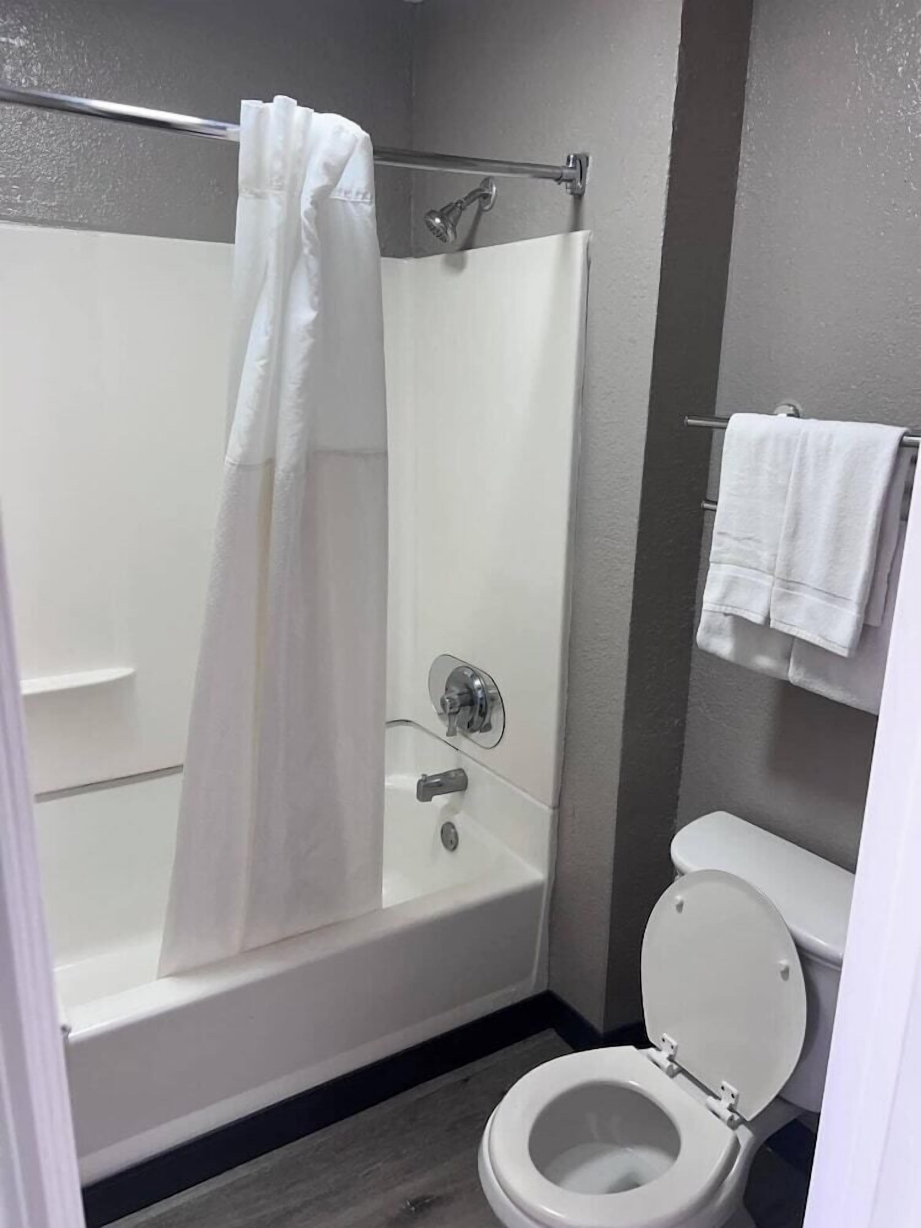 Een badkamer met een bad, douche, toilet en een handdoekhouder.