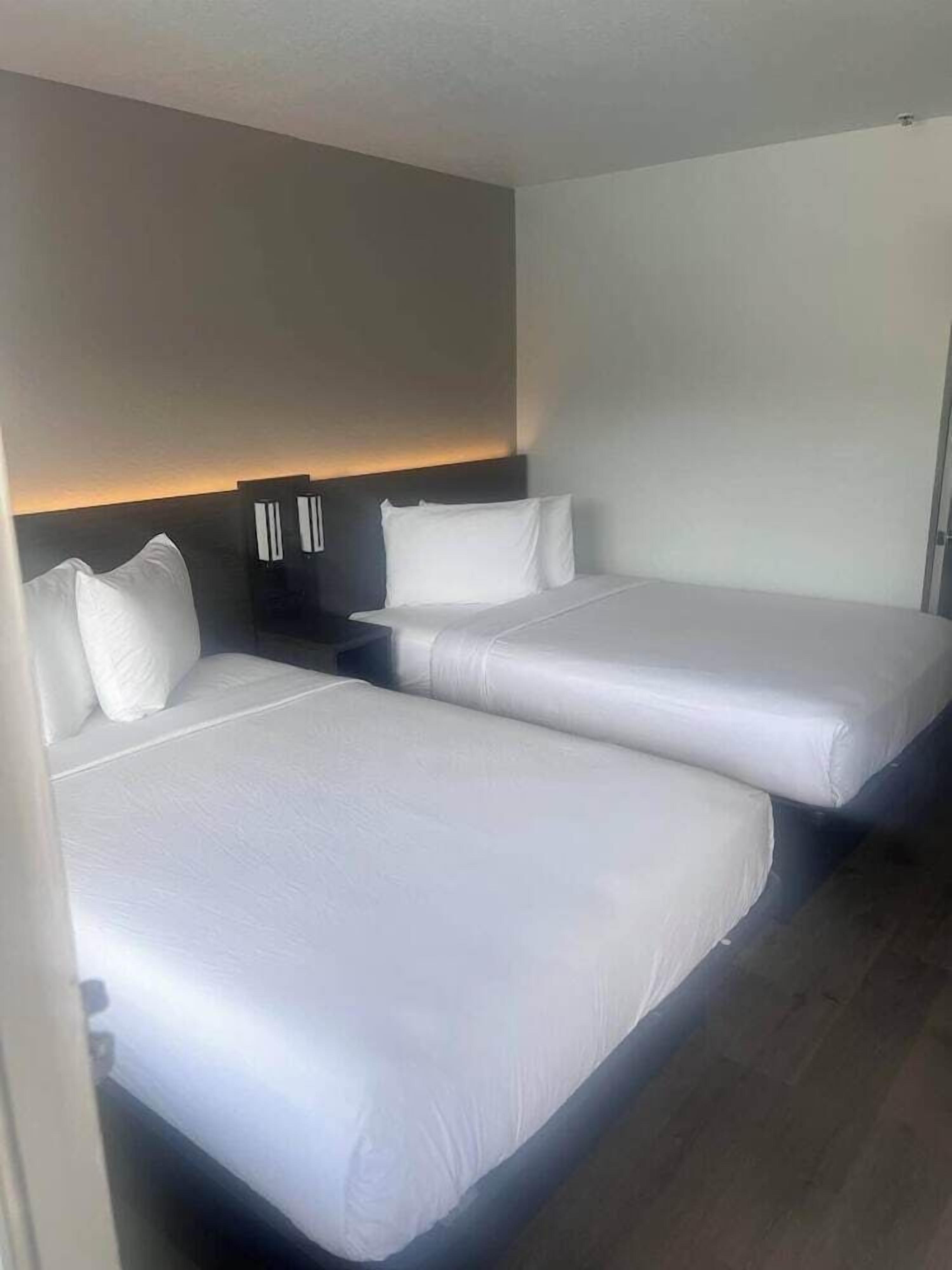 A hotel room with two single beds, a nightstand with a lamp, and a wall-mounted shelf.