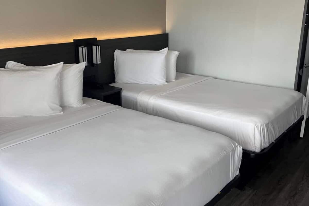 A hotel room with two beds, a dark headboard, and a nightstand with a lamp.