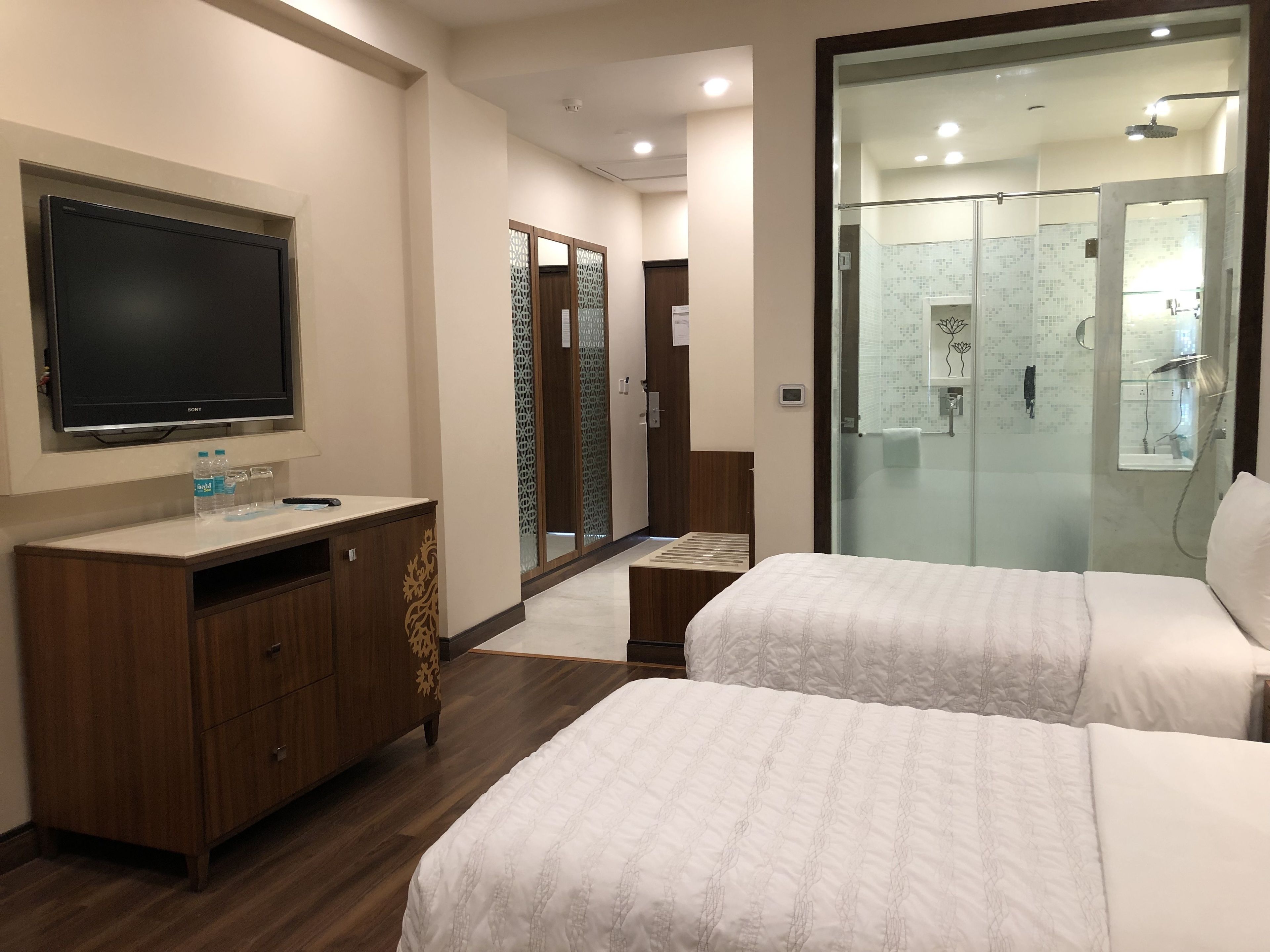 A hotel room with a bed, a TV, a wooden dresser, a mirror, and a shower area.