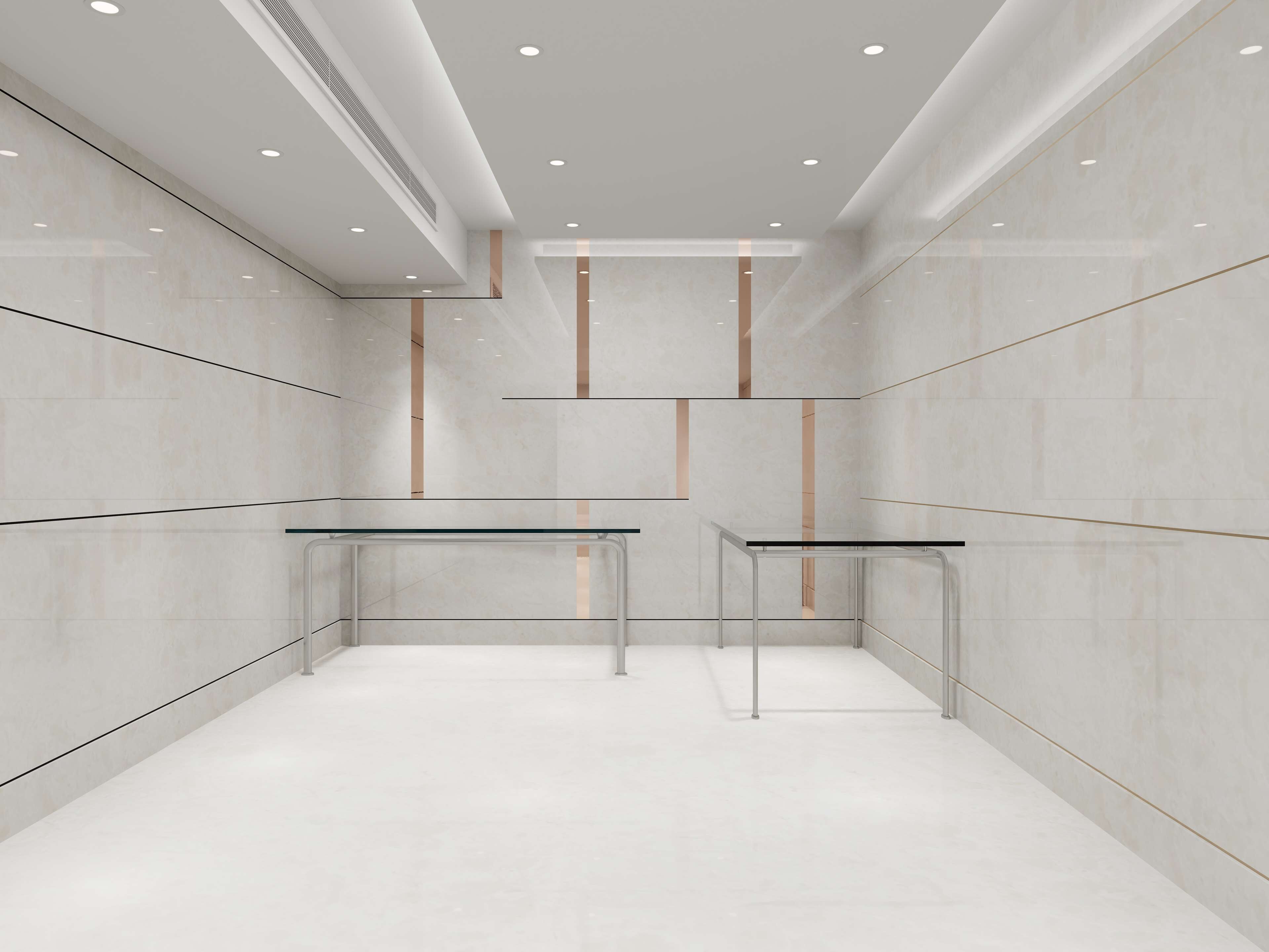Un bagno moderno e minimalista con due lavabi in vetro, illuminazione a soffitto incassata e un pavimento pulito rivestito in piastrelle.