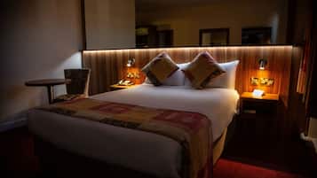 Desk, laptop workspace, blackout curtains, iron/ironing board