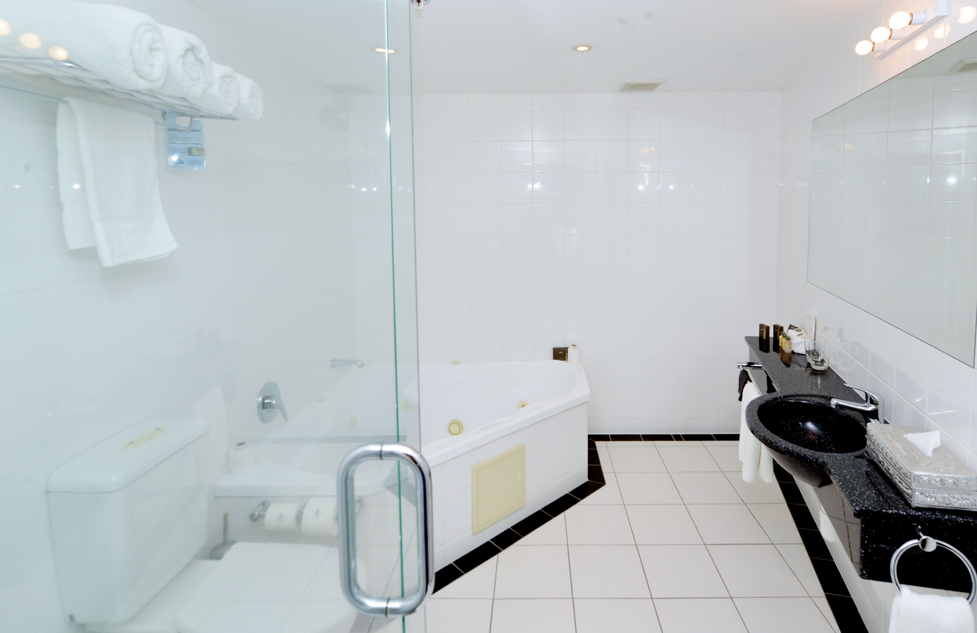 A modern bathroom with a glass-enclosed shower, a white toilet, a black sink, and a large mirror.