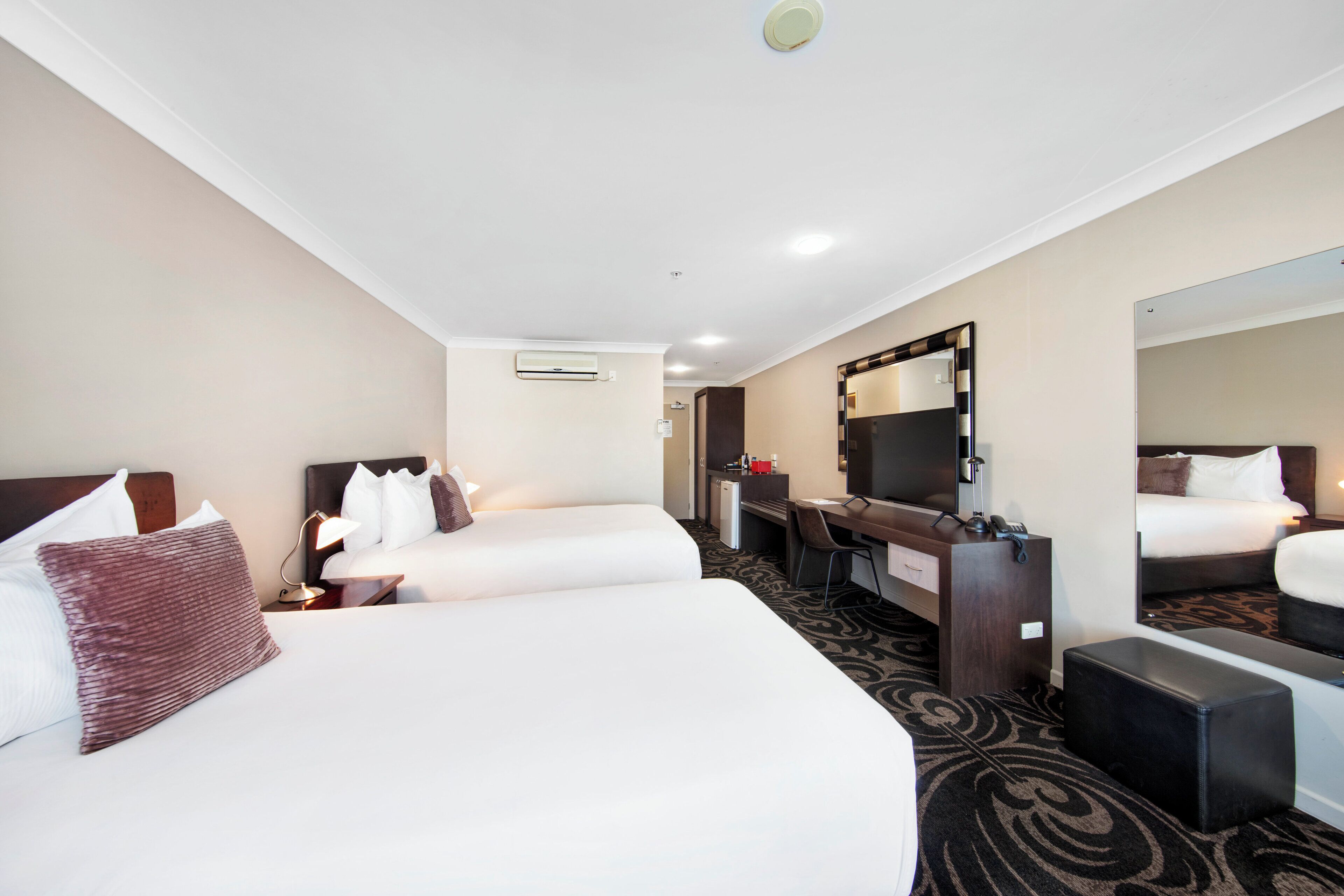 Desk, laptop workspace, blackout curtains, iron/ironing board