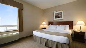 A hotel room with a large bed, two bedside tables with lamps, a window with curtains, a framed picture on the wall, and a wall-mounted heater.