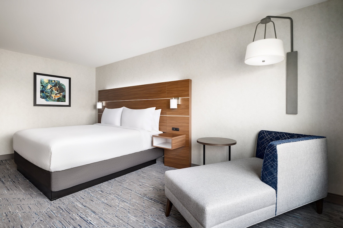 Una habitación de hotel con una cama grande, un sofá más pequeño, una mesita de noche, una lámpara y un cuadro en la pared.