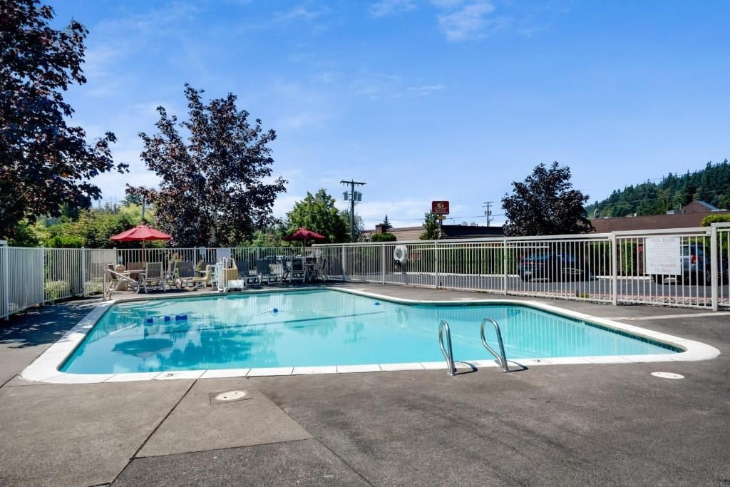 A rectangular swimming pool with a metal fence, surrounded by trees and a clear sky.