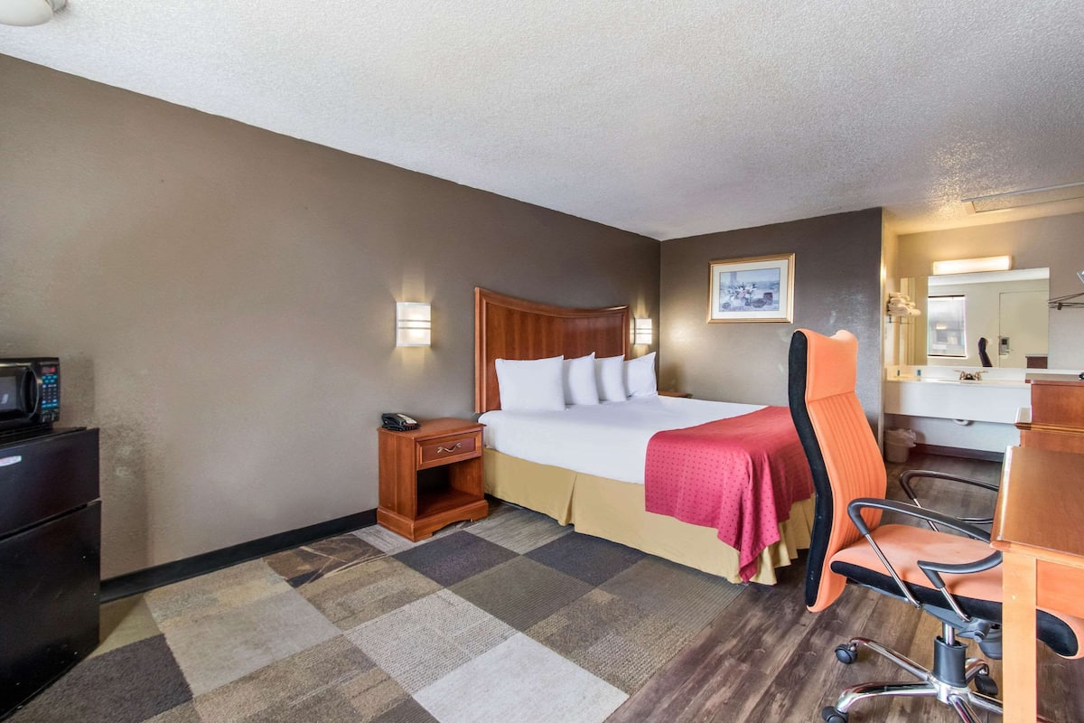 A hotel room with a bed, a desk, a chair, a microwave, and a small cabinet.
