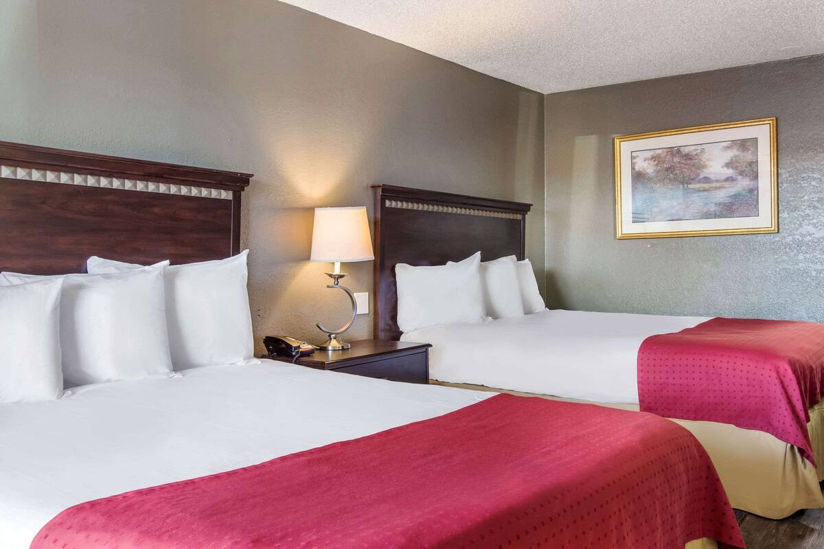 A hotel room with two beds, a nightstand with a lamp, and a framed picture on the wall.