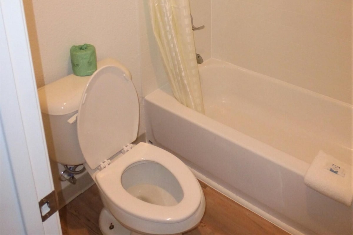 A bathroom with a toilet, a bathtub, and a shower curtain.