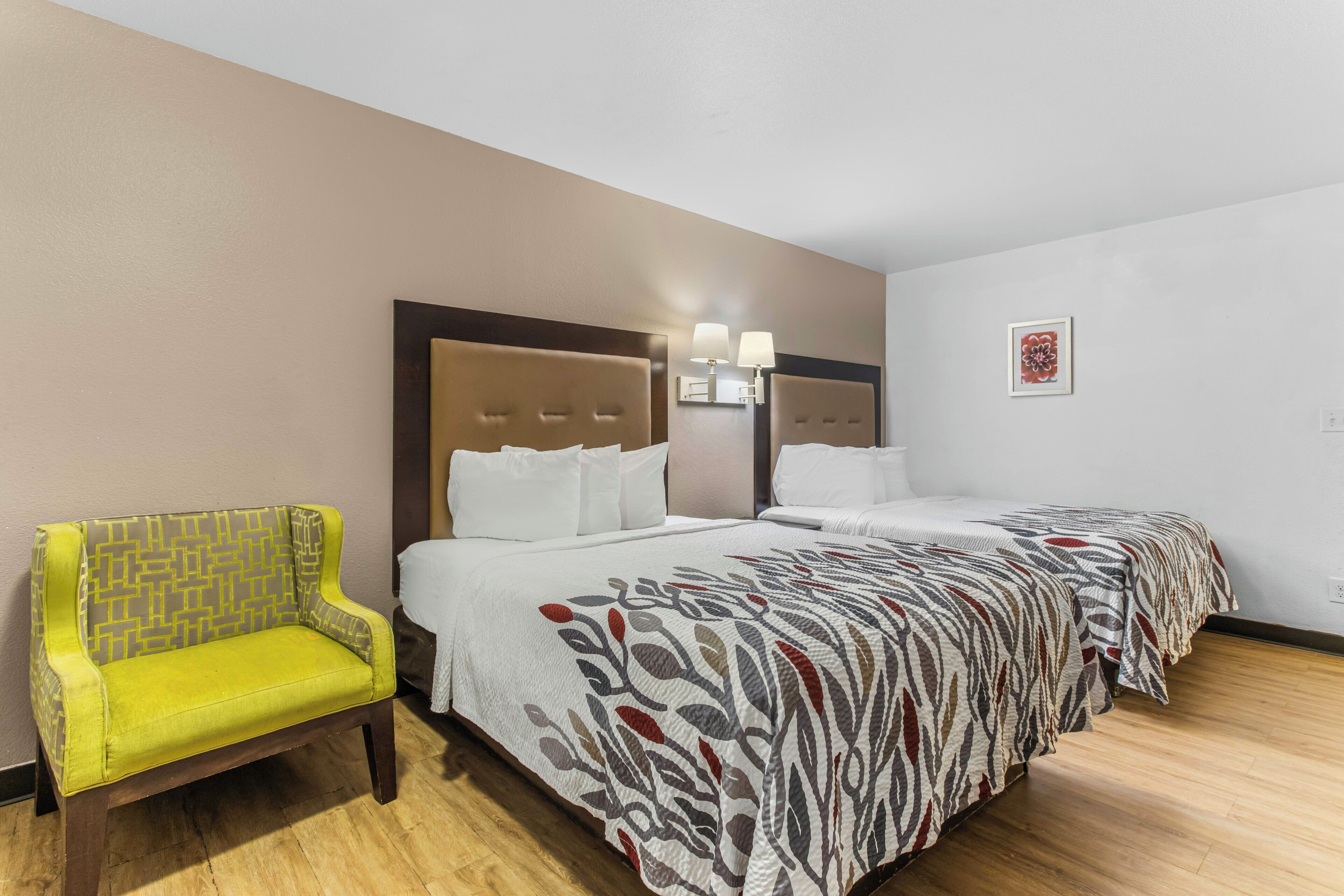 Premium bedding, memory foam beds, desk, blackout drapes