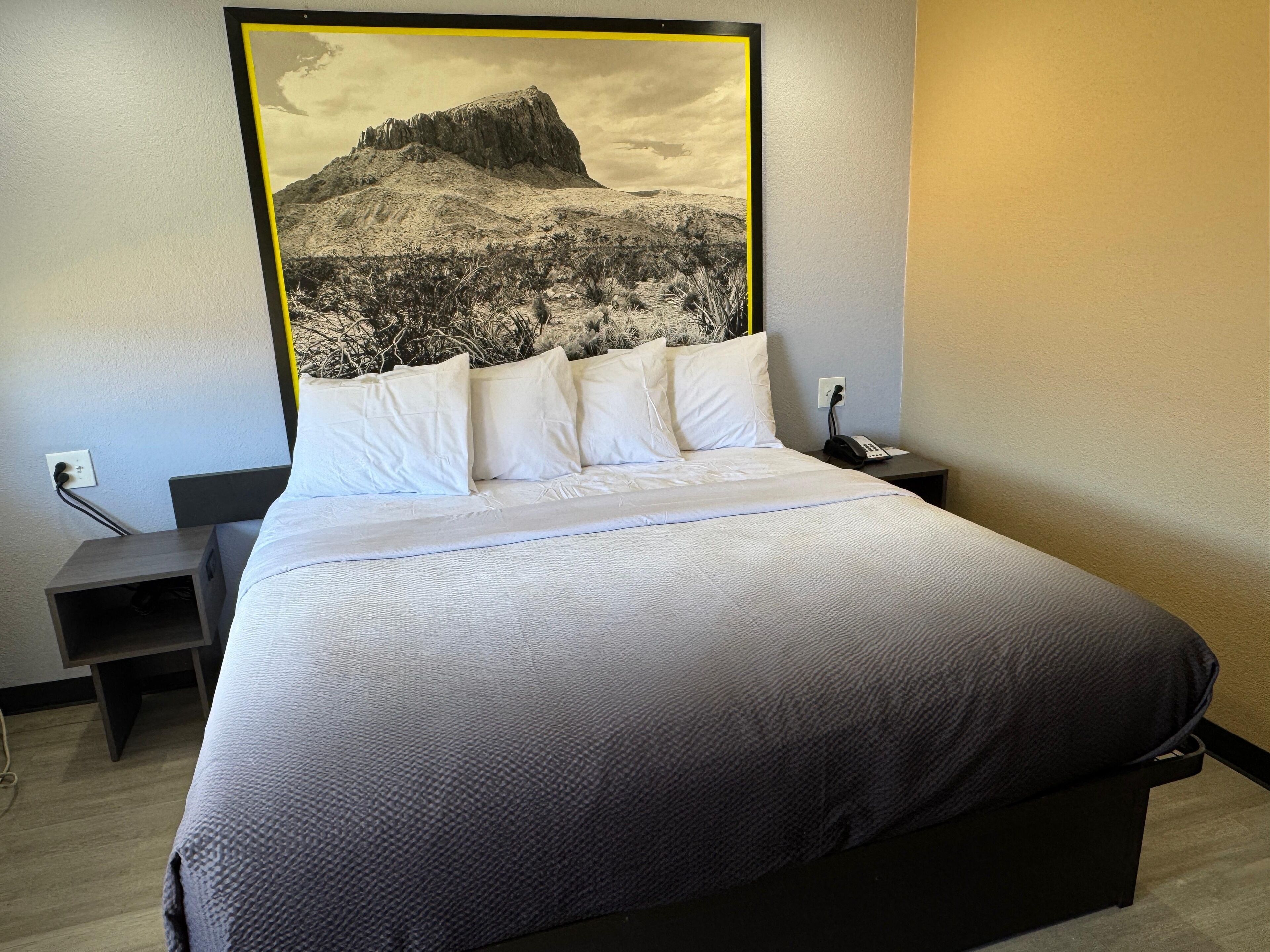 A neatly made bed with white linens and a gray textured blanket, a bedside table with a phone, and a wall-mounted picture of a mountainous landscape.