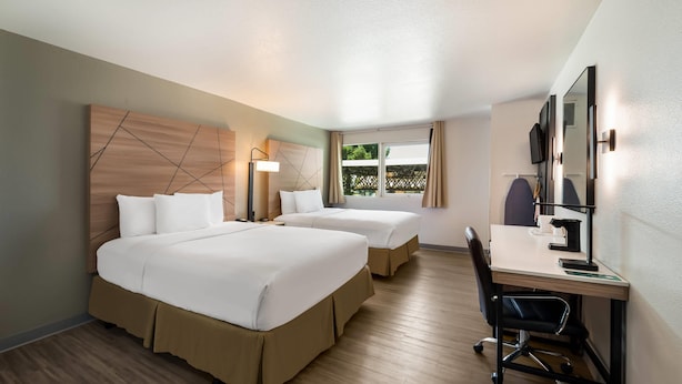 A hotel room with two beds, a desk, a chair, a TV, and a window with curtains. - Quality Inn Yuba City/Marysville (Yuba City)