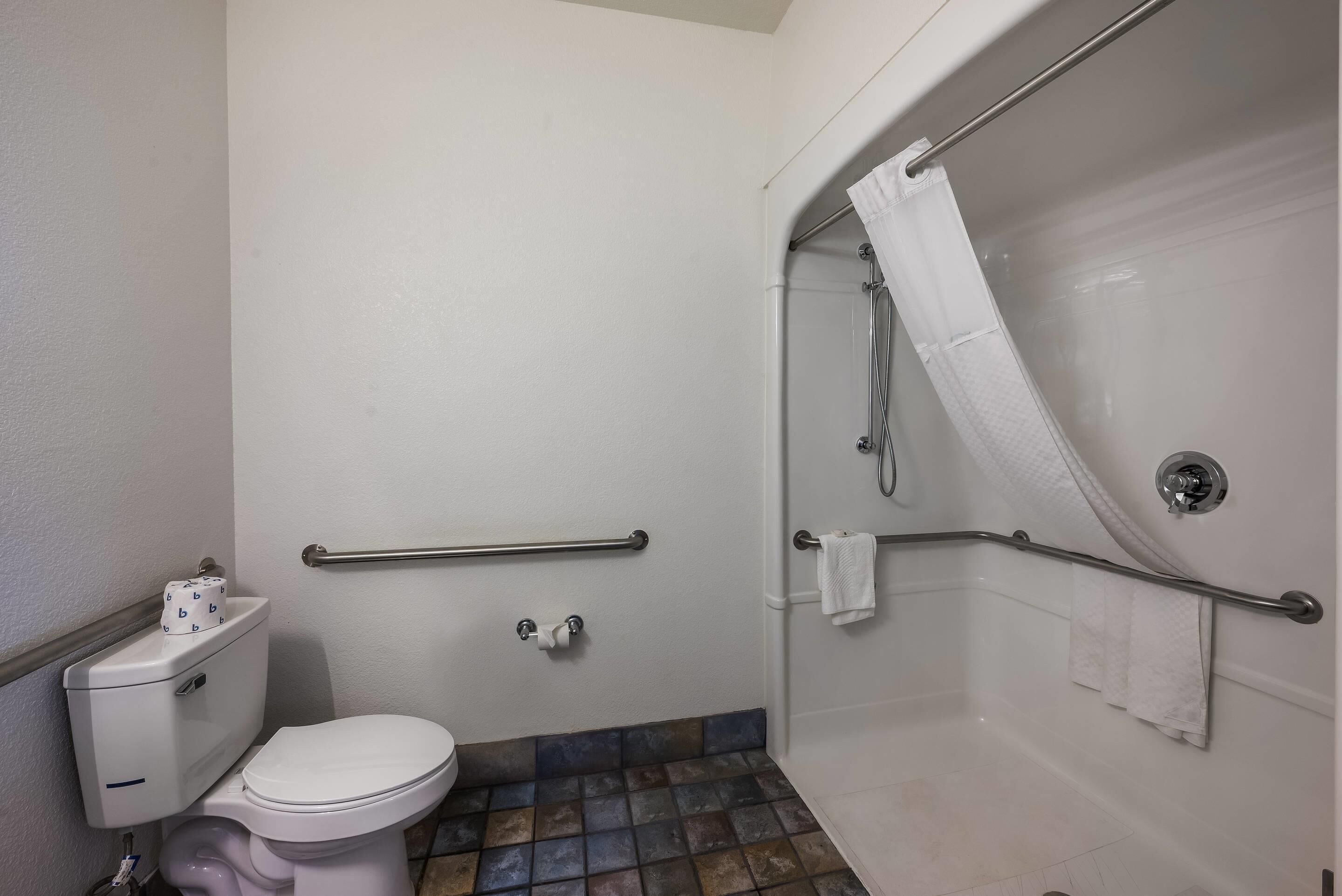 A bathroom with a toilet, a shower with a glass door, and a handrail.