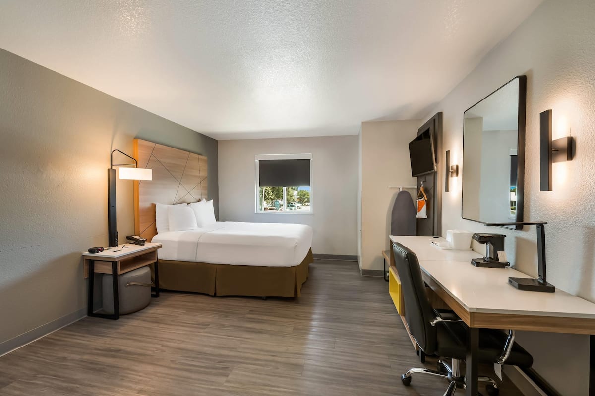 Quarto de hotel com cama, escrivaninha, cadeira, luminária, televisão e janela.
