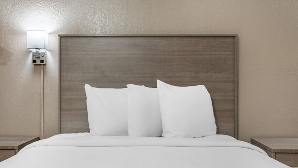 A hotel room with a bed, a headboard, and a wall-mounted light fixture. - Red Roof Inn Greencastle South – Cloverdale (Cloverdale)