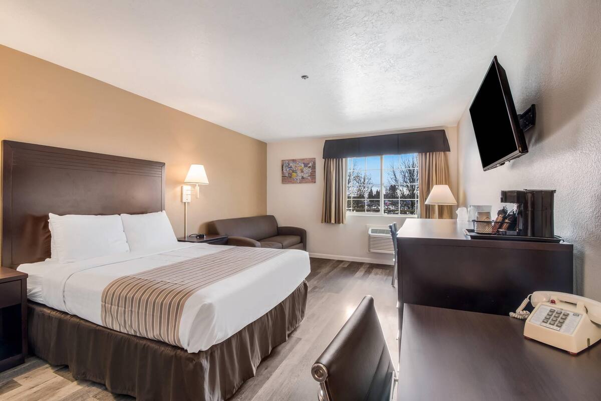 Una habitación de hotel con cama, escritorio, silla, televisión y teléfono.