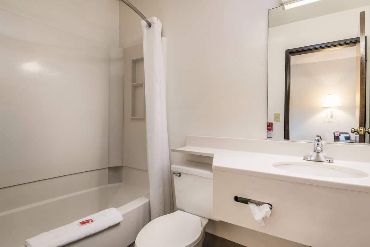 Un baño con inodoro, lavamanos, espejo y cortina de ducha.
