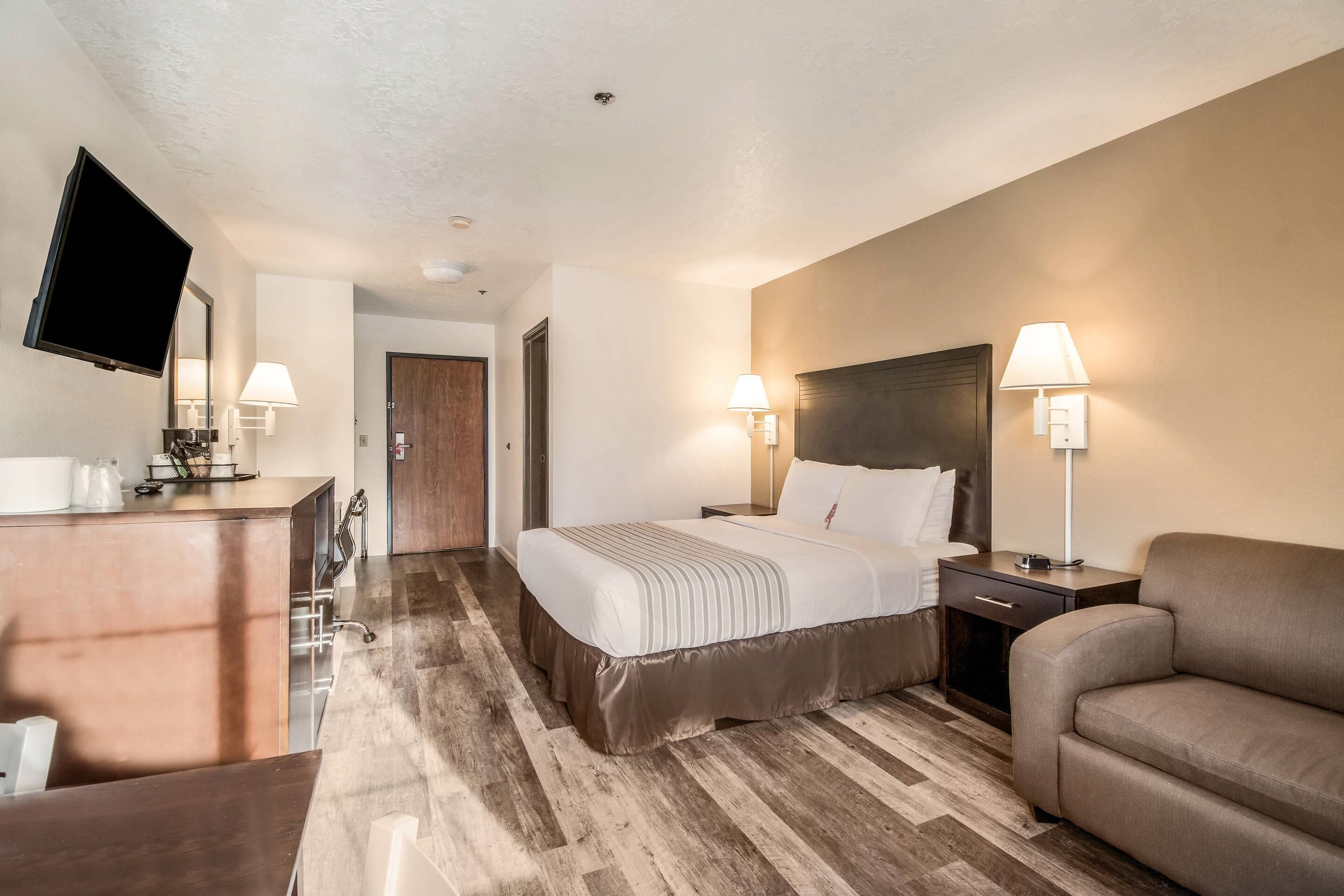 Una habitación de hotel con cama, mesitas de noche, televisor, escritorio y sofá.