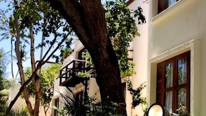 A serene outdoor area with a small waterfall, large rocks, and a tree. - My Blue Hotel (Jijoca de Jericoacoara)