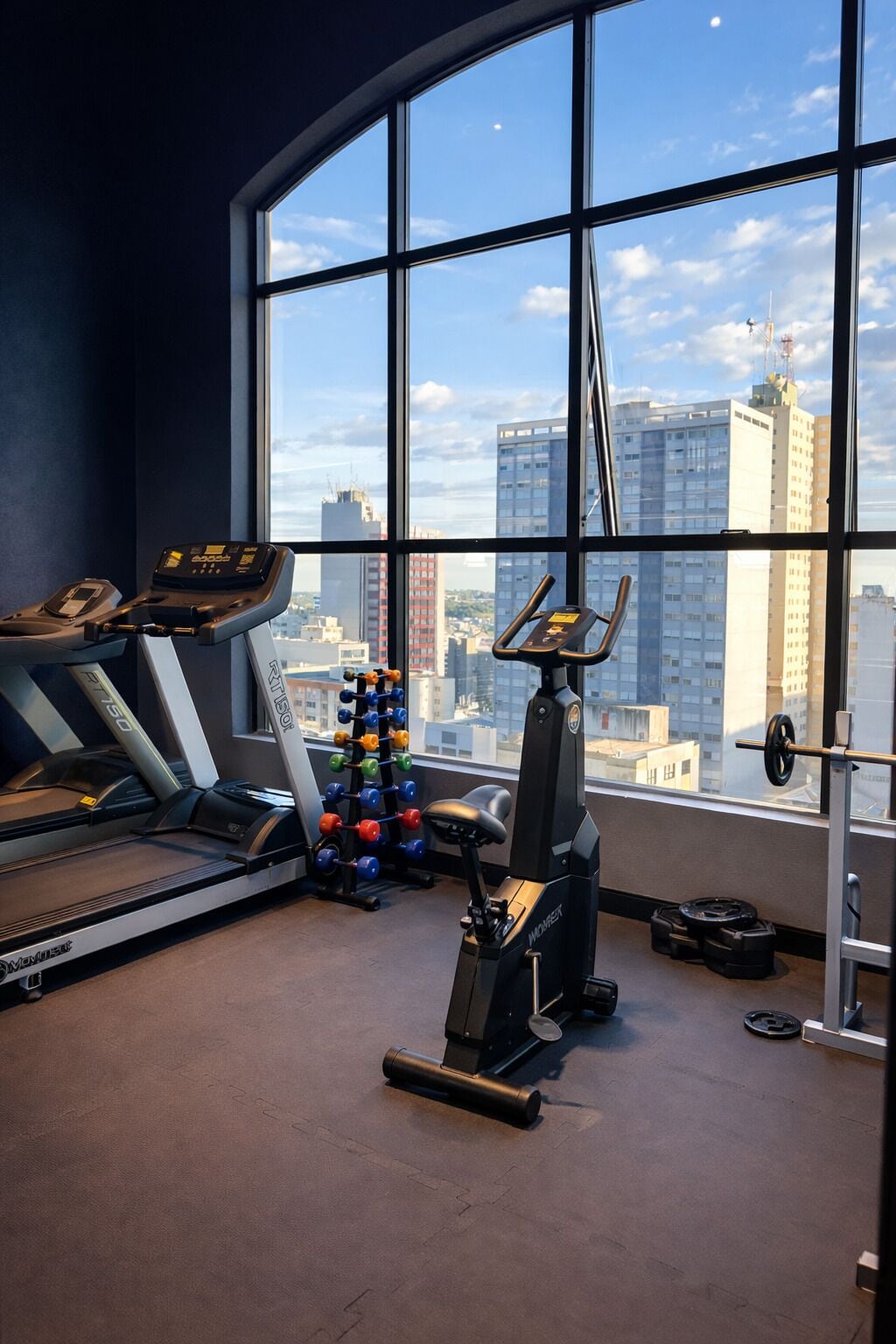 Ein Fitnessstudio mit Laufband, Ergometer und Gewichtsbank, mit Blick auf die Stadt durch große Fenster.