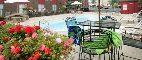 A pool area with lounge chairs, a pool table, and a flower planter.