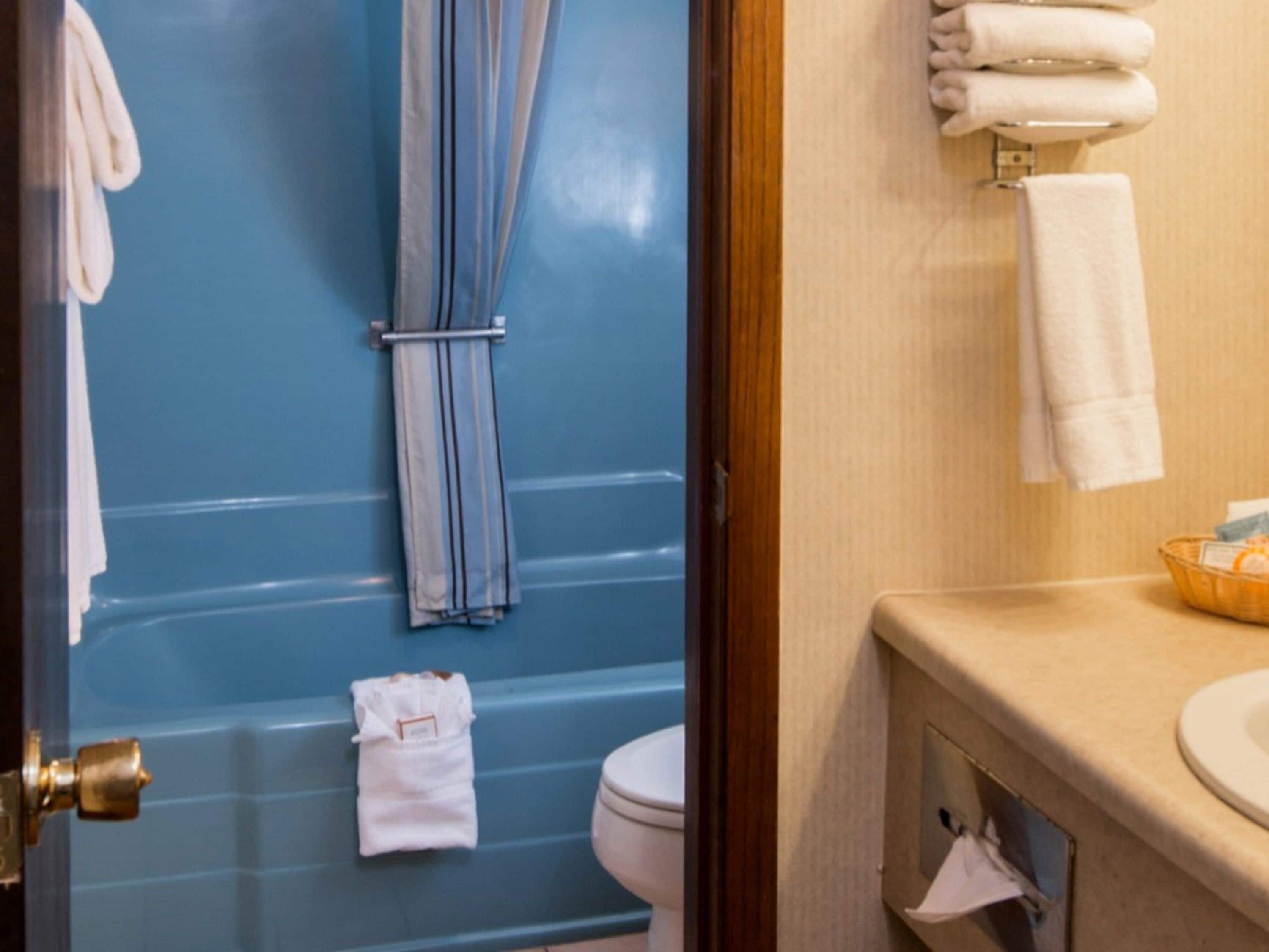 Ein Badezimmer mit einer blauen Badewanne, einer weißen Toilette und einem beigen Waschbecken. Handtücher hängen an der Wand und auf dem Waschbecken befindet sich ein Korb mit Pflegeprodukten.