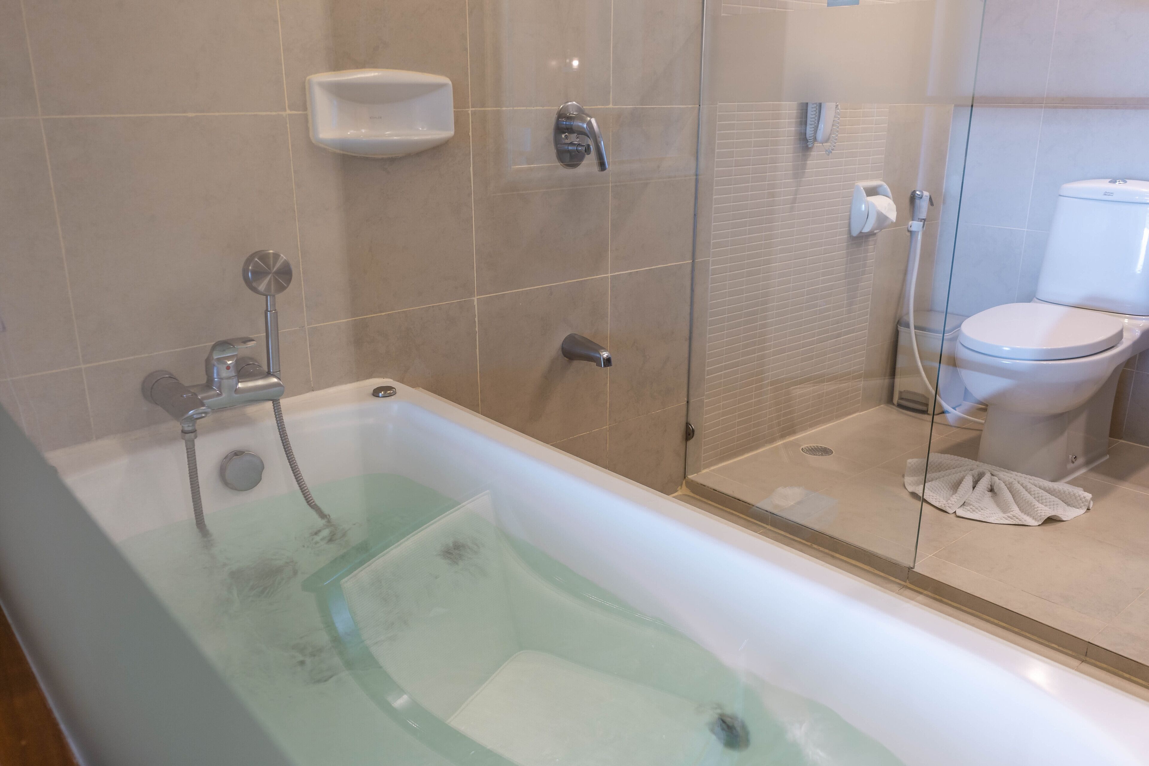 A modern bathroom with a glass-enclosed shower, a bathtub, and a toilet.