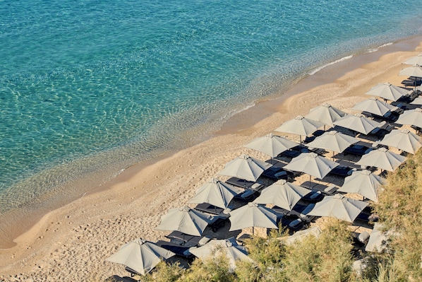 Sun loungers, beach umbrellas, beach towels