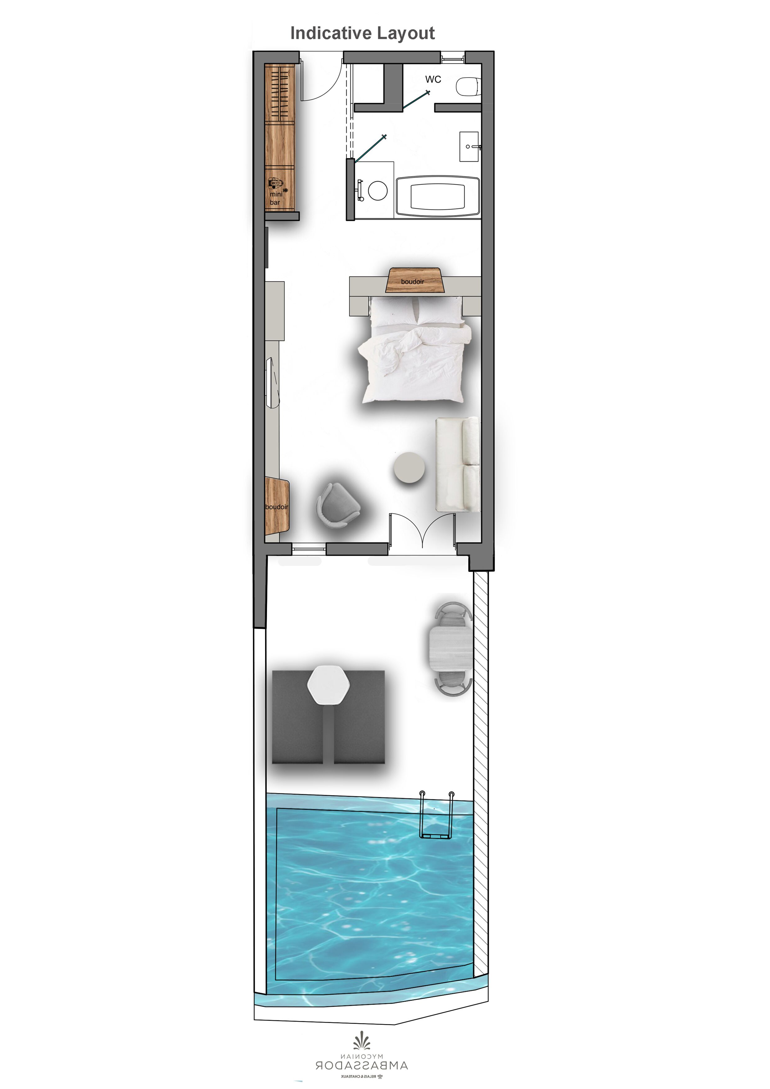 Distribución de un hotel que incluye dormitorio, baño, kitchenette, sala de estar y piscina.