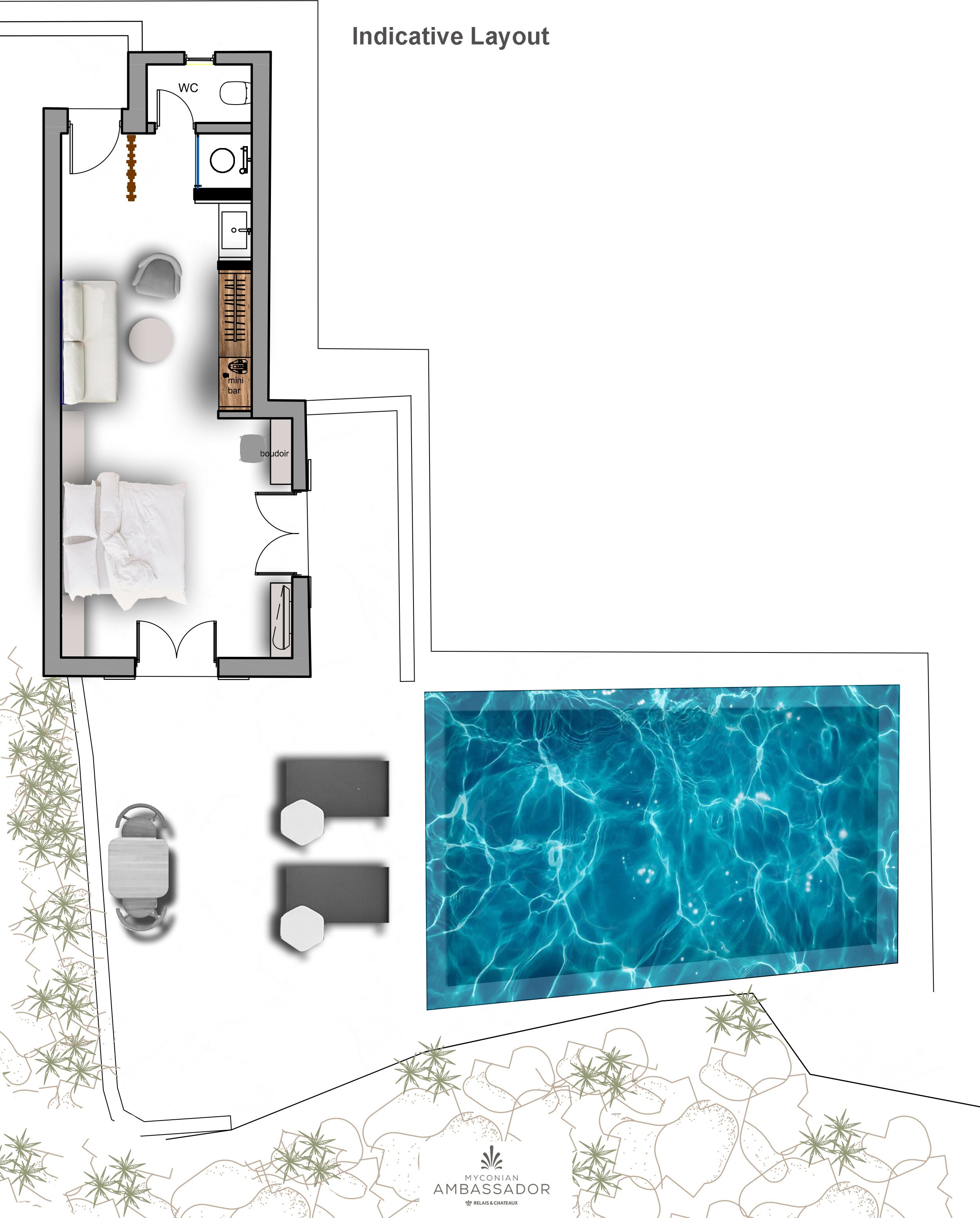 A hotel layout with a bedroom, bathroom, and a swimming pool.