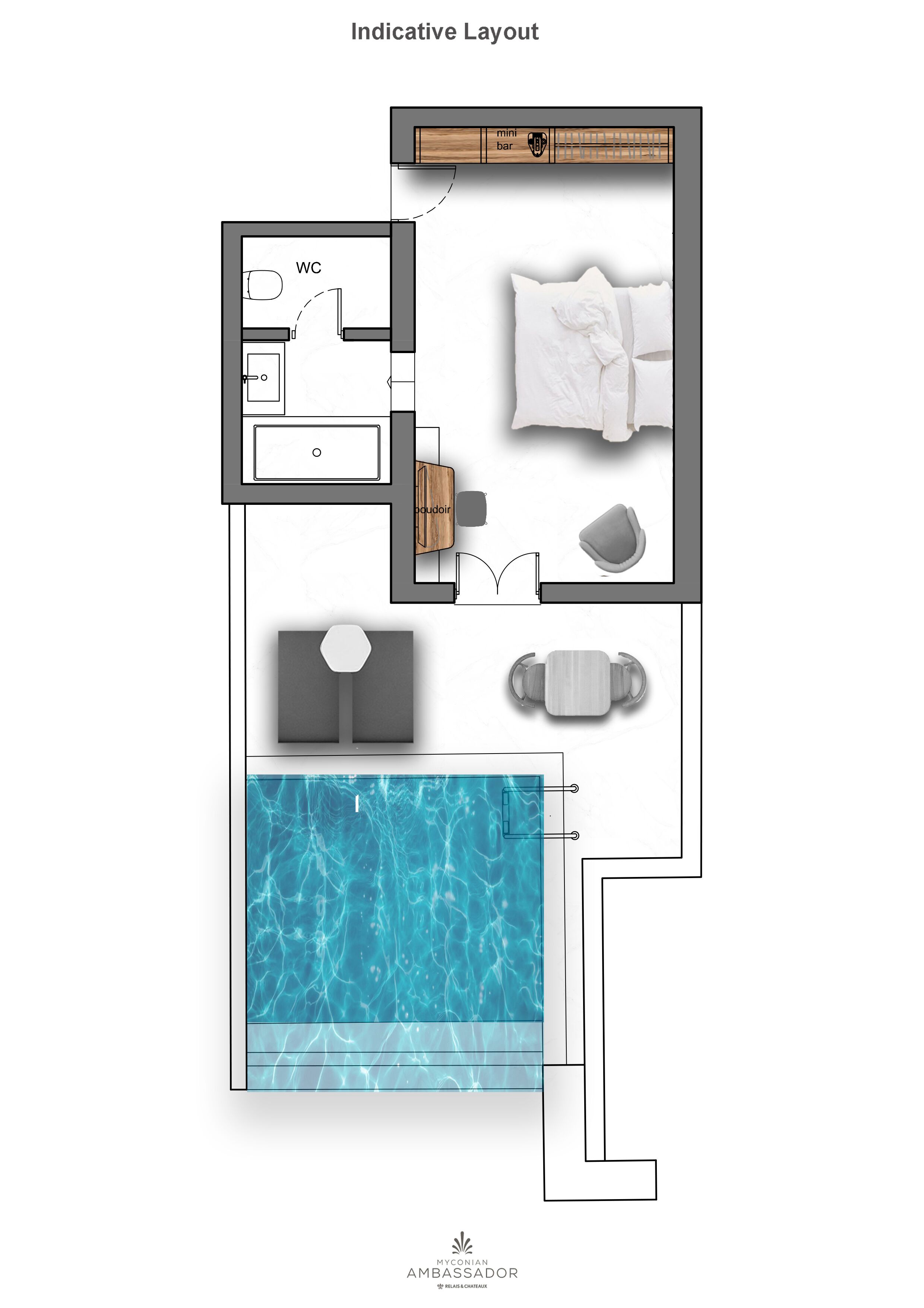 A hotel room layout with a WC, ensuite bathroom, bed, seating area, and a swimming pool.