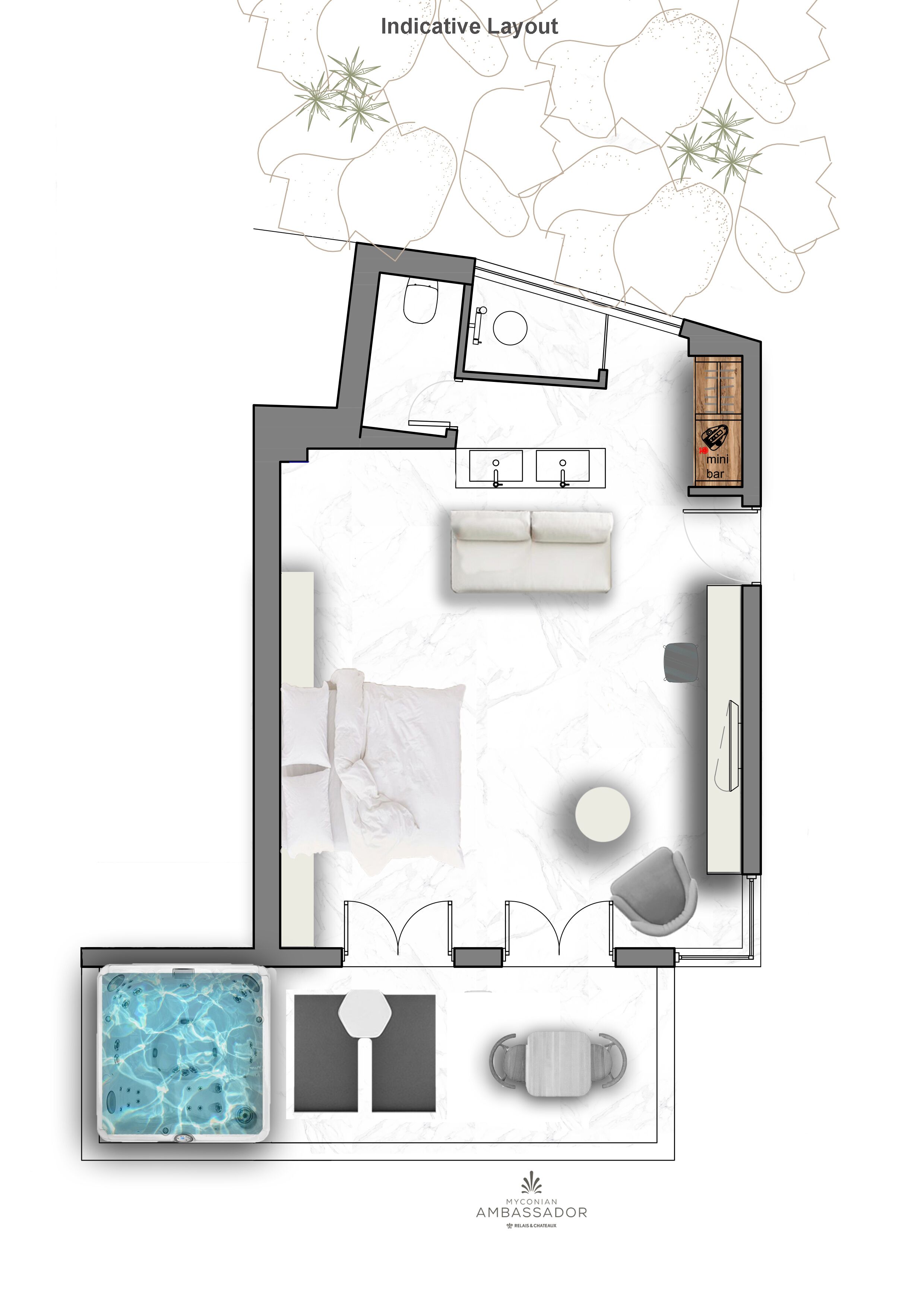 A hotel layout with a living area, a dining space, a kitchen, a bathroom, and a pool area.