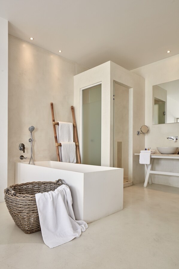 Een moderne badkamer met een ruime badkuip, een douche en een wastafel met spiegel.