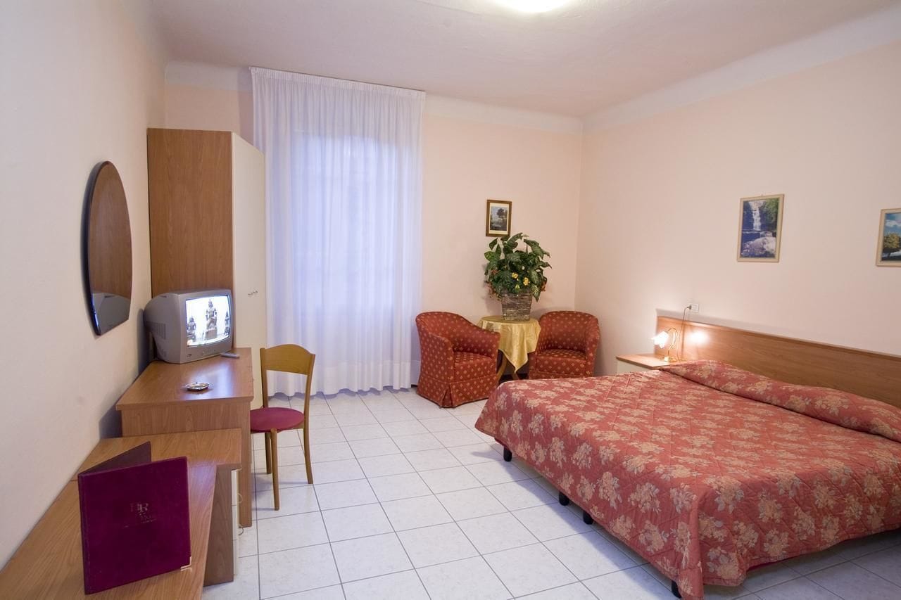 Une chambre d’hôtel avec un lit, un bureau avec une télévision, deux chaises, une table avec une plante et un miroir au mur.