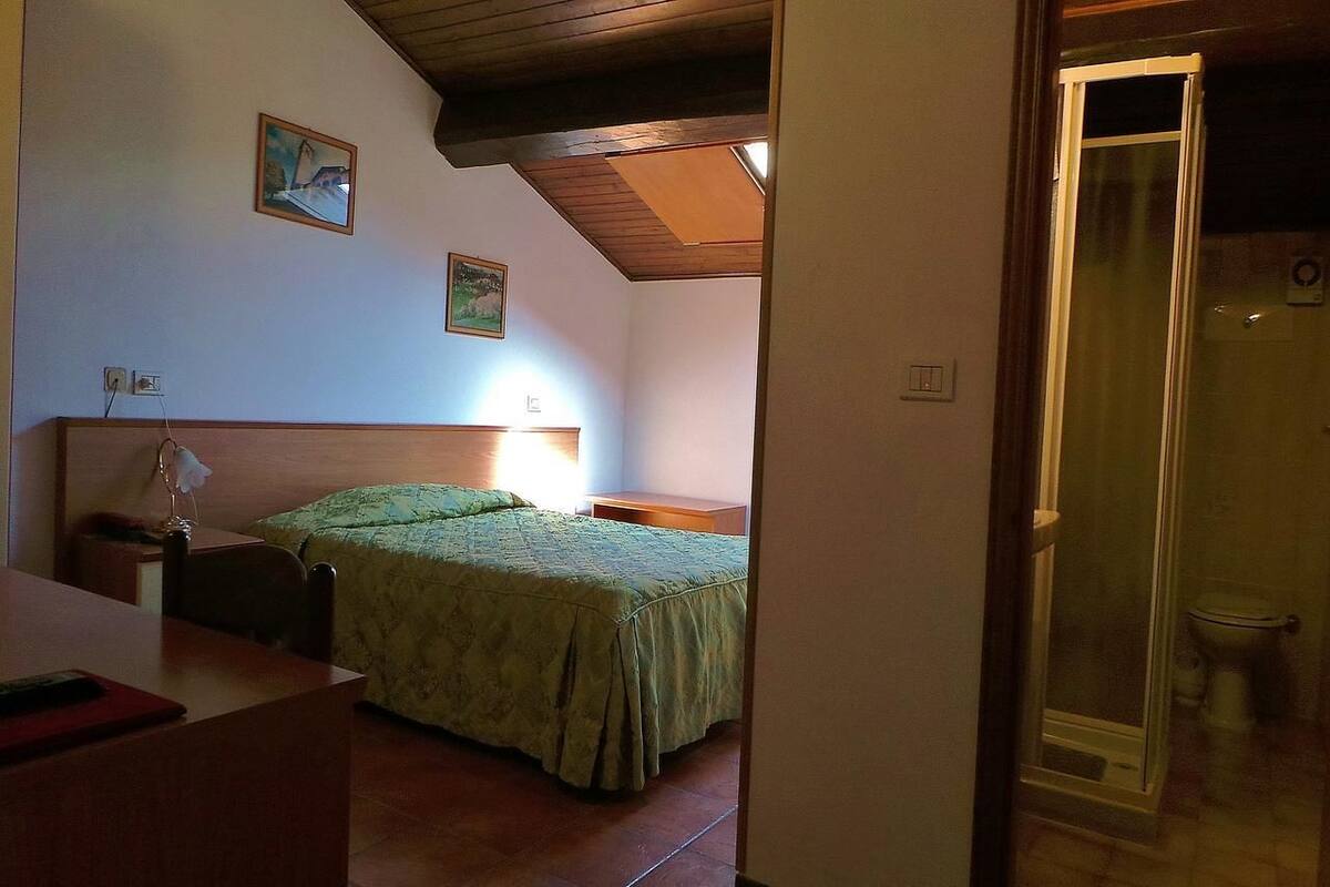 A bedroom with a bed, a desk, and a shower area.