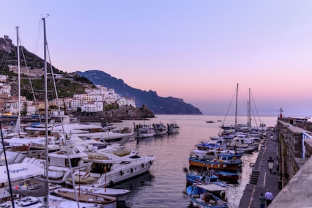 A marina with boats docked, a waterfront promenade, and buildings on a hillside.. Hotel Amalfi