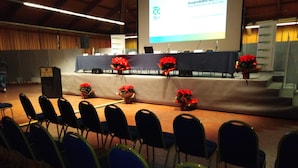 Una sala conferenze interna con un palco, file di sedie e piante in vaso.
